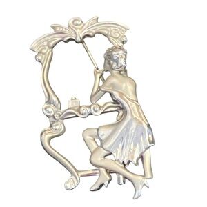 Vintage Brooch AJC Signed Deco Style Flapper Lady in Mirror Silver Tone
